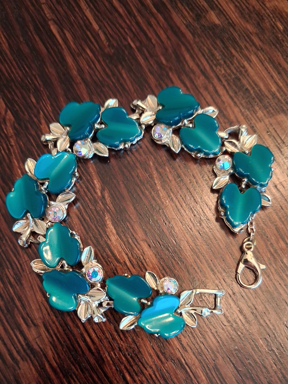 Teal Floral Link Bracelet with Crystal Accents